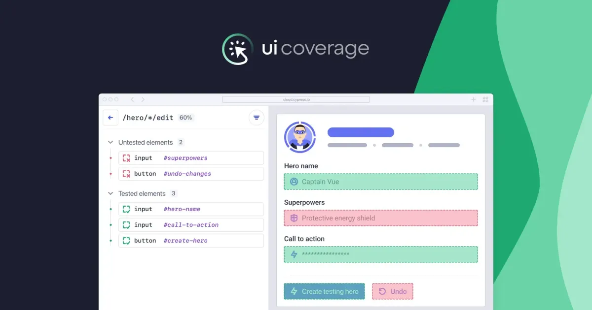UI Coverage interface showing tested and untested elements in list form on the left had side, represented visually on the right hand side.