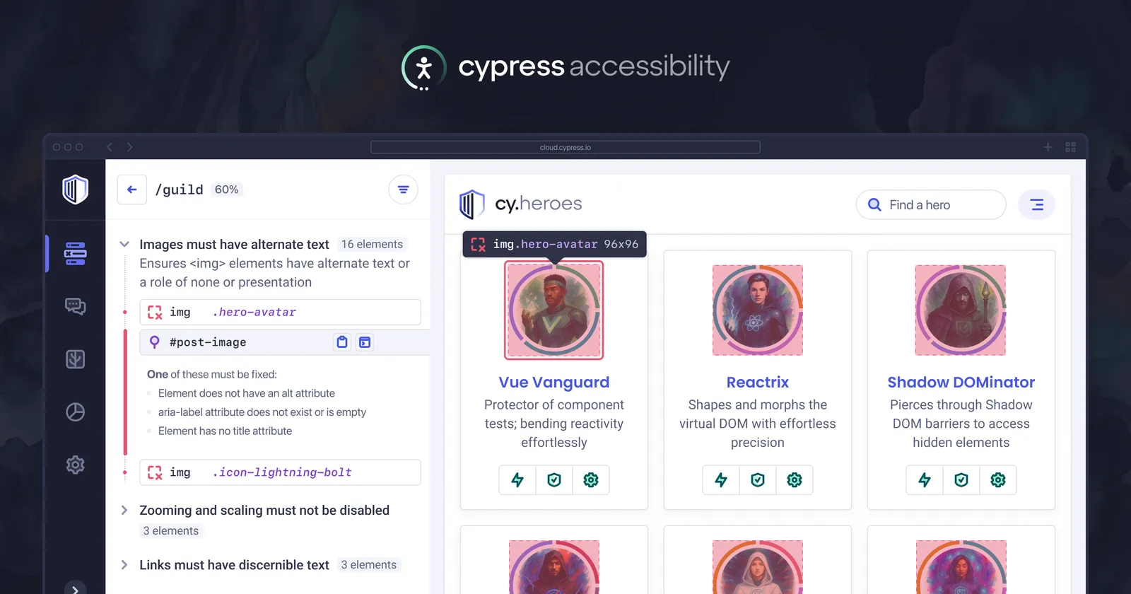 Illustration of Cypress Accessibility in Cypress Cloud, showing accessibility violations on the left and a live HTML snapshot on the right with elements highlighted