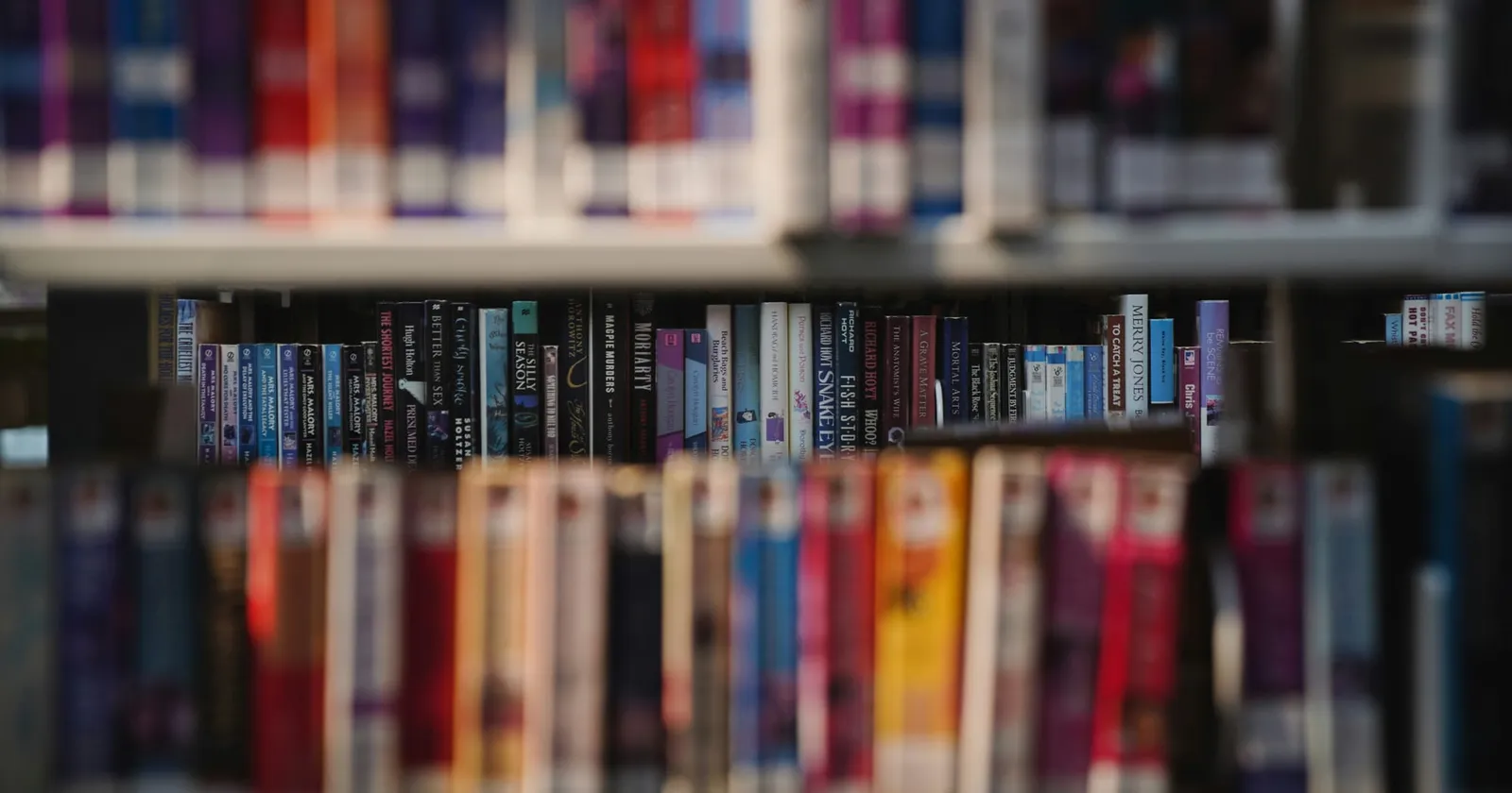 Image of several rows of books in a library