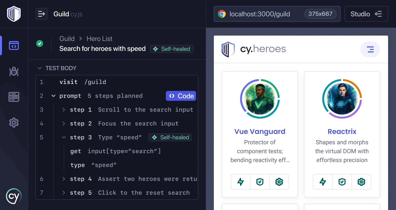 The Cypress App running a cy.prompt test: five natural-language steps planned, one expanded into generated commands with a self-healed selector, beside the app under test.
