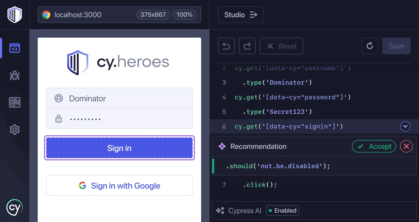 Cypress Studio recording a sign-in flow: recorded commands on the right, with a Smart Recommendation suggesting a not-disabled assertion to accept.